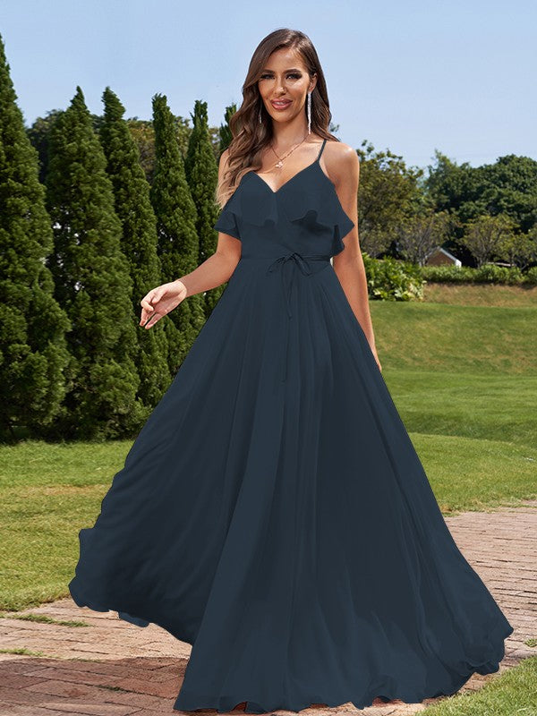 A-Line/Princess Chiffon Sash/Ribbon/Belt V-Neck Sleeveless Floor-Length Bridesmaid Dresses Evening Prom Dress