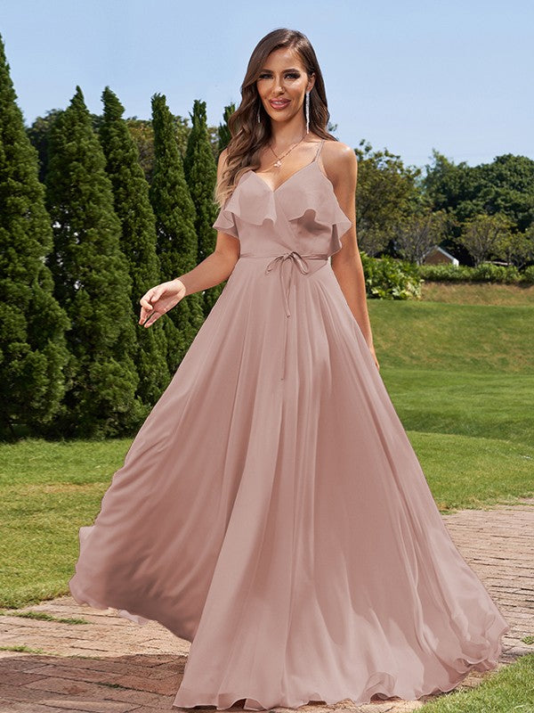 A-Line/Princess Chiffon Sash/Ribbon/Belt V-Neck Sleeveless Floor-Length Bridesmaid Dresses Evening Prom Dress