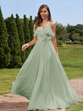 A-Line/Princess Chiffon Sash/Ribbon/Belt V-Neck Sleeveless Floor-Length Bridesmaid Dresses Evening Prom Dress