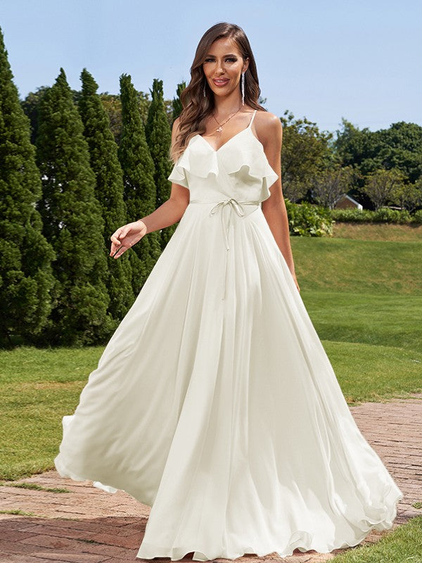 A-Line/Princess Chiffon Sash/Ribbon/Belt V-Neck Sleeveless Floor-Length Bridesmaid Dresses Evening Prom Dress