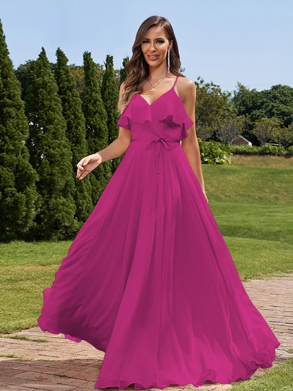 A-Line/Princess Chiffon Sash/Ribbon/Belt V-Neck Sleeveless Floor-Length Bridesmaid Dresses Evening Prom Dress