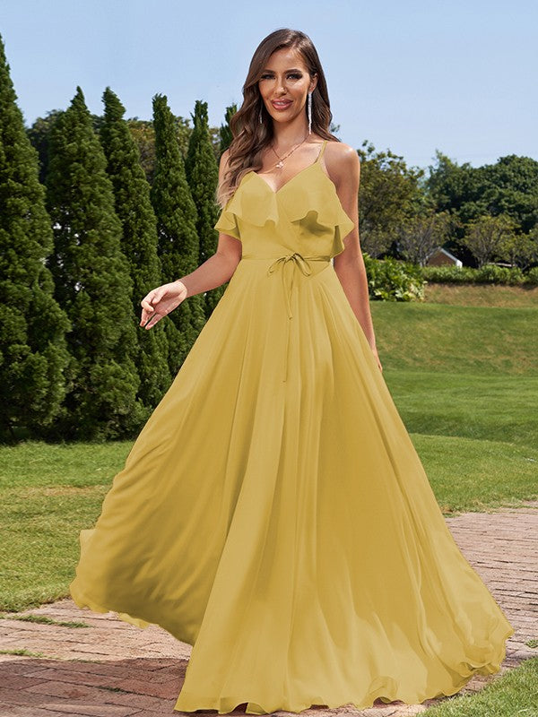 A-Line/Princess Chiffon Sash/Ribbon/Belt V-Neck Sleeveless Floor-Length Bridesmaid Dresses Evening Prom Dress