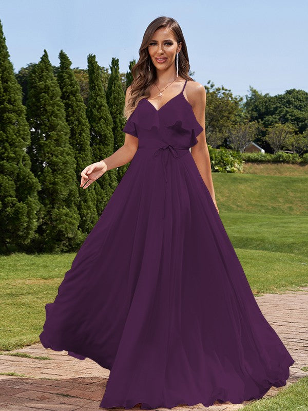 A-Line/Princess Chiffon Sash/Ribbon/Belt V-Neck Sleeveless Floor-Length Bridesmaid Dresses Evening Prom Dress