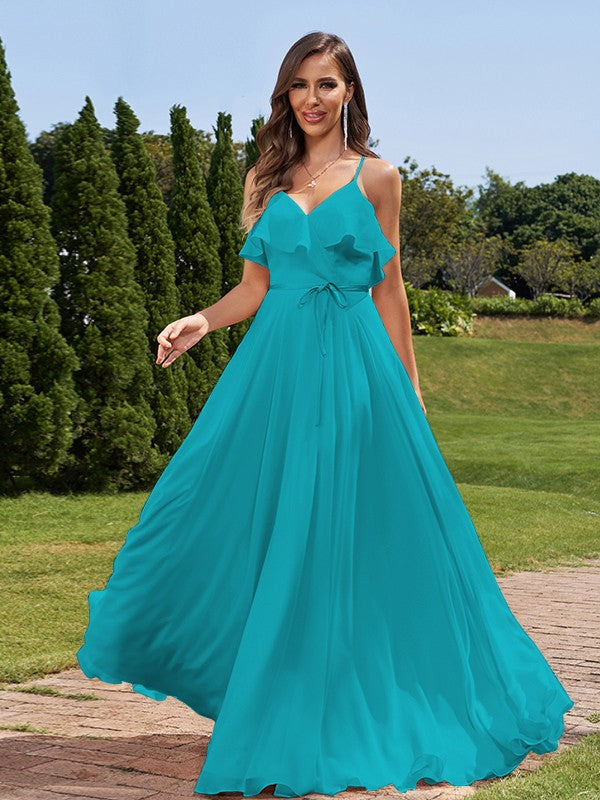 A-Line/Princess Chiffon Sash/Ribbon/Belt V-Neck Sleeveless Floor-Length Bridesmaid Dresses Evening Prom Dress