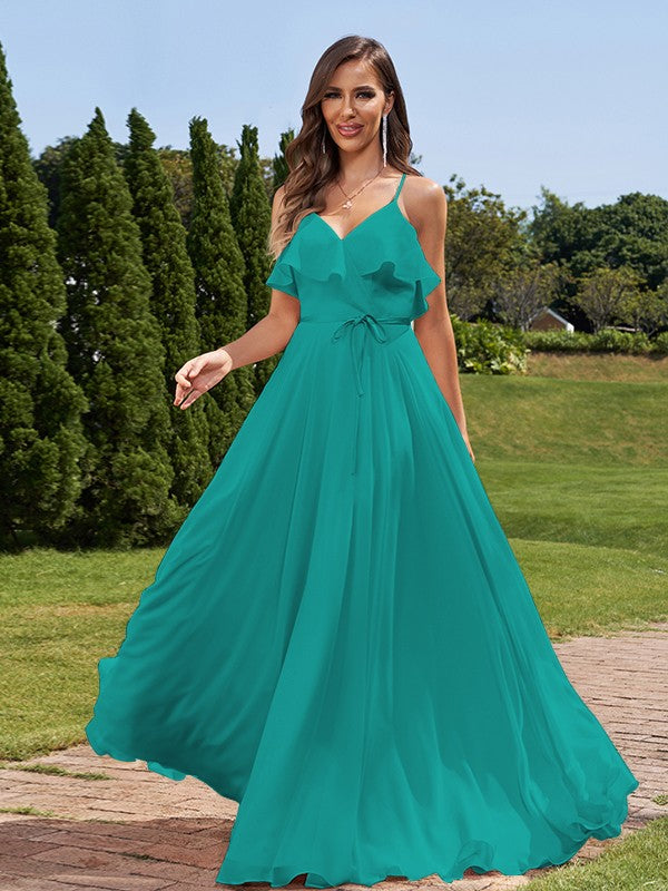 A-Line/Princess Chiffon Sash/Ribbon/Belt V-Neck Sleeveless Floor-Length Bridesmaid Dresses Evening Prom Dress