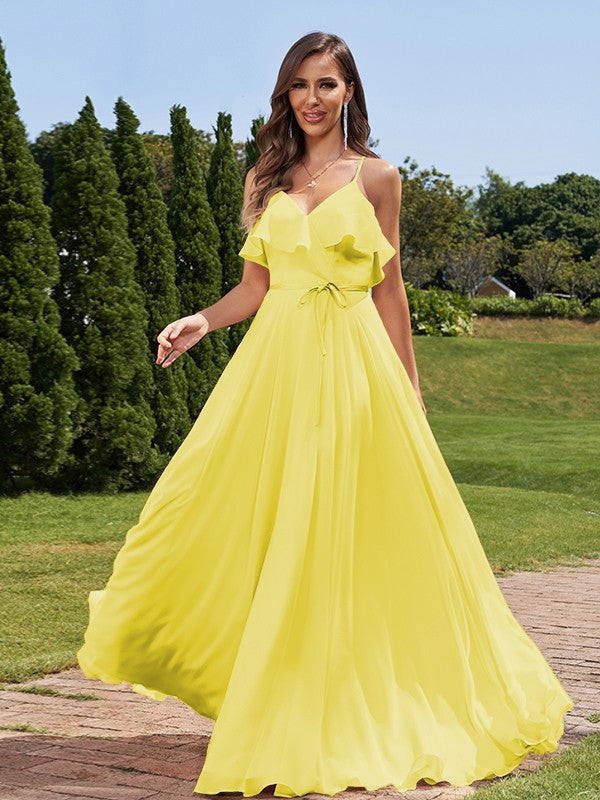 A-Line/Princess Chiffon Sash/Ribbon/Belt V-Neck Sleeveless Floor-Length Bridesmaid Dresses Evening Prom Dress