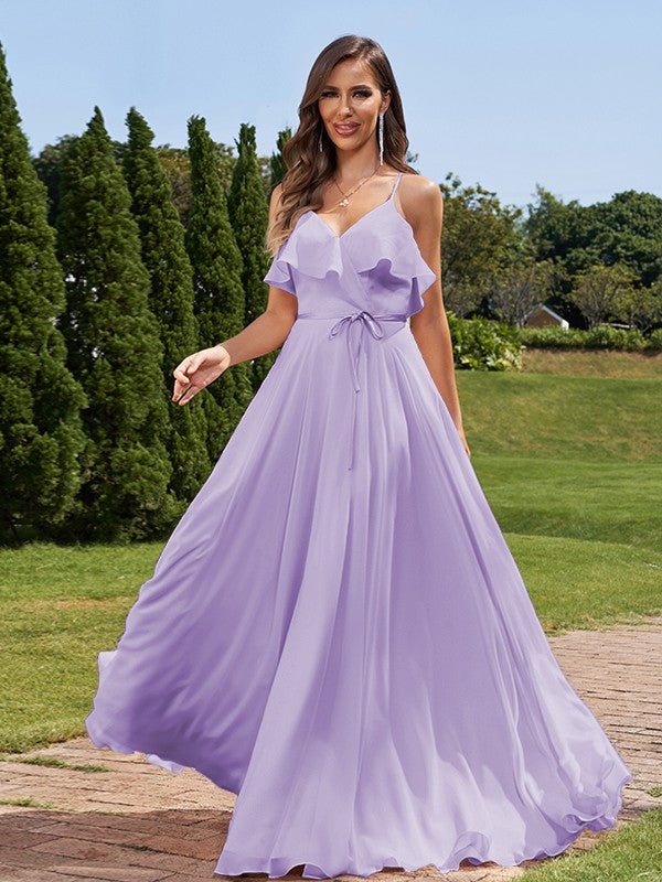 A-Line/Princess Chiffon Sash/Ribbon/Belt V-Neck Sleeveless Floor-Length Bridesmaid Dresses Evening Prom Dress