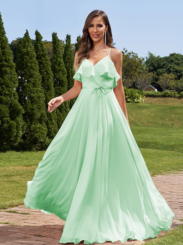 A-Line/Princess Chiffon Sash/Ribbon/Belt V-Neck Sleeveless Floor-Length Bridesmaid Dresses Evening Prom Dress