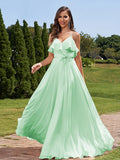 A-Line/Princess Chiffon Sash/Ribbon/Belt V-Neck Sleeveless Floor-Length Bridesmaid Dresses Evening Prom Dress