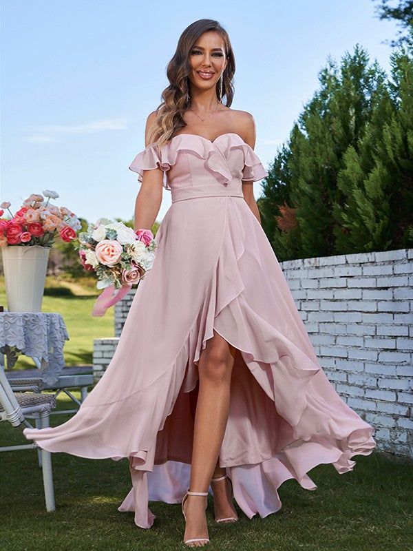 A-Line/Princess Chiffon Ruffles Off-The-Shoulder Sleeveless Asymmetrical Bridesmaid Dresses Prom Dress
