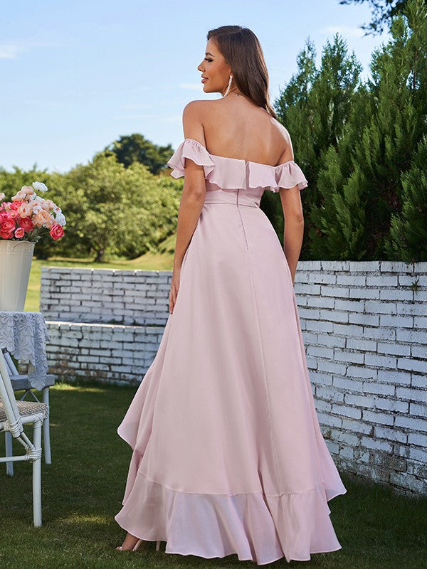 A-Line/Princess Chiffon Ruffles Off-The-Shoulder Sleeveless Asymmetrical Bridesmaid Dresses Prom Dress