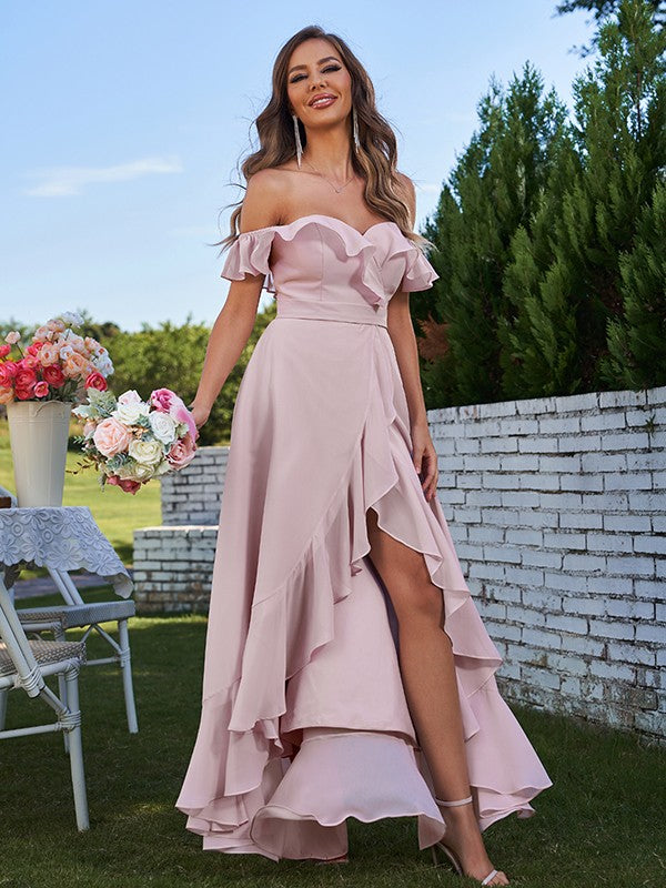A-Line/Princess Chiffon Ruffles Off-The-Shoulder Sleeveless Asymmetrical Bridesmaid Dresses Prom Dress