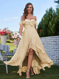 A-Line/Princess Chiffon Ruffles Off-The-Shoulder Sleeveless Asymmetrical Bridesmaid Dresses Prom Dress