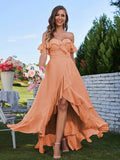 A-Line/Princess Chiffon Ruffles Off-The-Shoulder Sleeveless Asymmetrical Bridesmaid Dresses Prom Dress