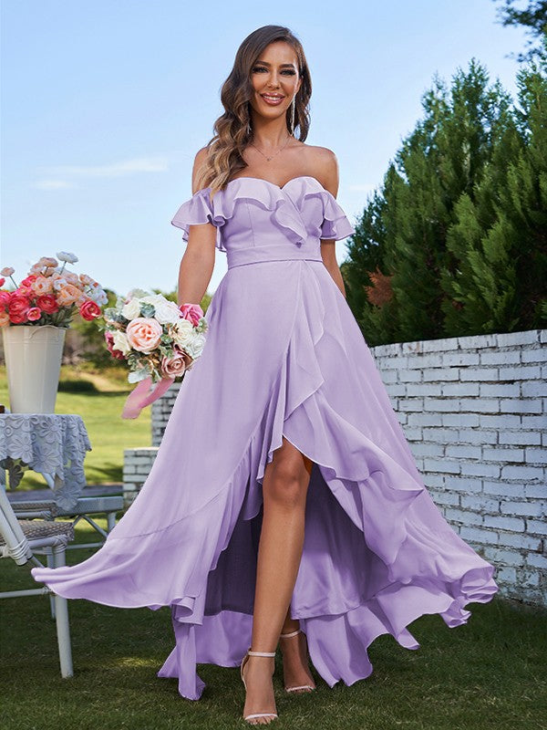 A-Line/Princess Chiffon Ruffles Off-The-Shoulder Sleeveless Asymmetrical Bridesmaid Dresses Prom Dress