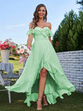 A-Line/Princess Chiffon Ruffles Off-The-Shoulder Sleeveless Asymmetrical Bridesmaid Dresses Prom Dress