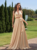 A-Line/Princess Jersey Bowknot Halter Sleeveless Sweep/Brush Train Two Piece Bridesmaid Dresses Formal Evening Dress