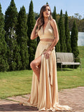 A-Line/Princess Jersey Bowknot Halter Sleeveless Sweep/Brush Train Two Piece Bridesmaid Dresses Formal Evening Dress