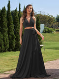 A-Line/Princess Jersey Bowknot Halter Sleeveless Sweep/Brush Train Two Piece Bridesmaid Dresses Formal Evening Dress