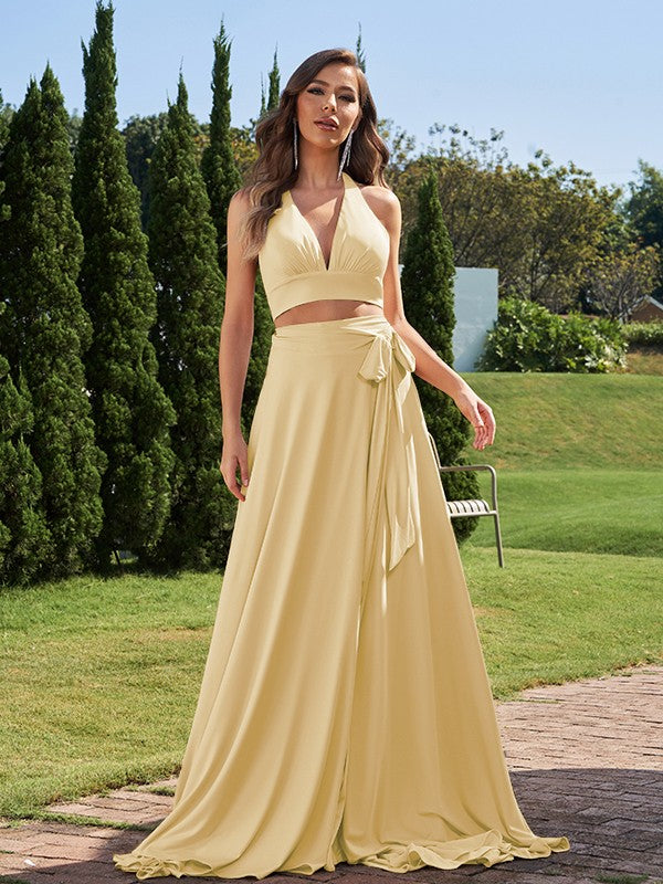 A-Line/Princess Jersey Bowknot Halter Sleeveless Sweep/Brush Train Two Piece Bridesmaid Dresses Formal Evening Dress