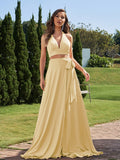 A-Line/Princess Jersey Bowknot Halter Sleeveless Sweep/Brush Train Two Piece Bridesmaid Dresses Formal Evening Dress