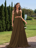 A-Line/Princess Jersey Bowknot Halter Sleeveless Sweep/Brush Train Two Piece Bridesmaid Dresses Formal Evening Dress