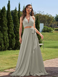 A-Line/Princess Jersey Bowknot Halter Sleeveless Sweep/Brush Train Two Piece Bridesmaid Dresses Formal Evening Dress