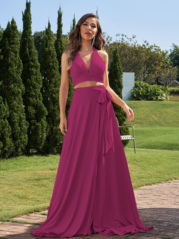 A-Line/Princess Jersey Bowknot Halter Sleeveless Sweep/Brush Train Two Piece Bridesmaid Dresses Formal Evening Dress