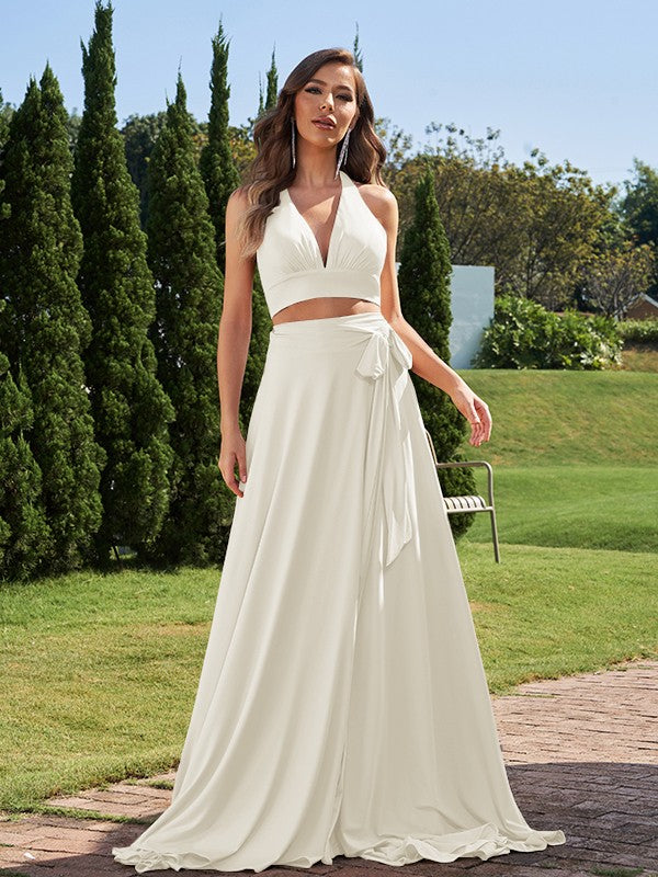 A-Line/Princess Jersey Bowknot Halter Sleeveless Sweep/Brush Train Two Piece Bridesmaid Dresses Formal Evening Dress