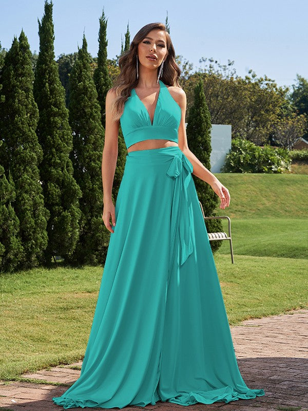 A-Line/Princess Jersey Bowknot Halter Sleeveless Sweep/Brush Train Two Piece Bridesmaid Dresses Formal Evening Dress