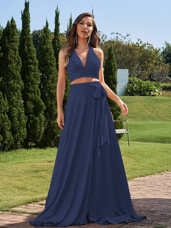 A-Line/Princess Jersey Bowknot Halter Sleeveless Sweep/Brush Train Two Piece Bridesmaid Dresses Formal Evening Dress