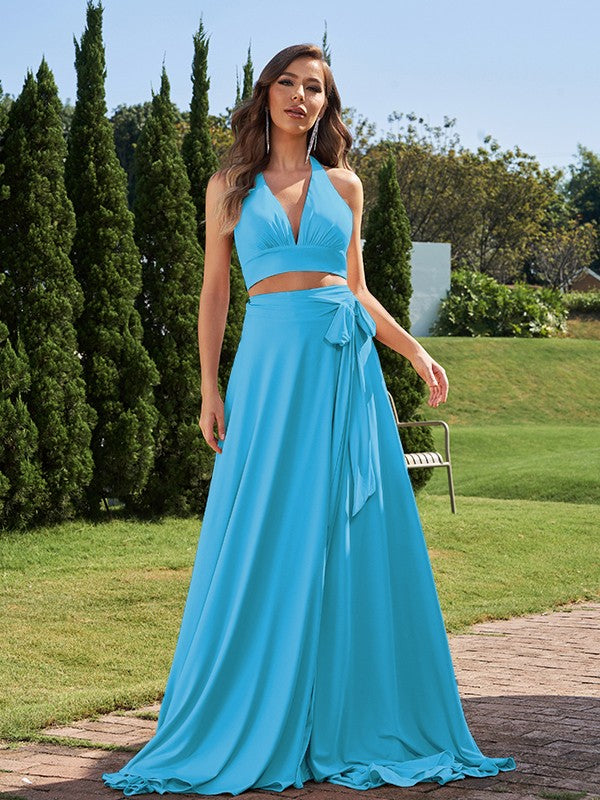 A-Line/Princess Jersey Bowknot Halter Sleeveless Sweep/Brush Train Two Piece Bridesmaid Dresses Formal Evening Dress