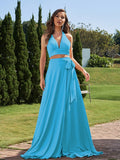 A-Line/Princess Jersey Bowknot Halter Sleeveless Sweep/Brush Train Two Piece Bridesmaid Dresses Formal Evening Dress