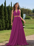 A-Line/Princess Jersey Bowknot Halter Sleeveless Sweep/Brush Train Two Piece Bridesmaid Dresses Formal Evening Dress