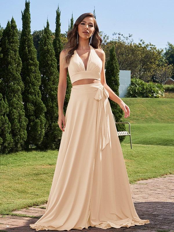 A-Line/Princess Jersey Bowknot Halter Sleeveless Sweep/Brush Train Two Piece Bridesmaid Dresses Formal Evening Dress