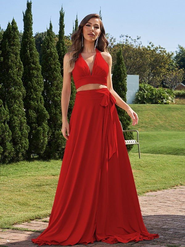 A-Line/Princess Jersey Bowknot Halter Sleeveless Sweep/Brush Train Two Piece Bridesmaid Dresses Formal Evening Dress