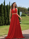 A-Line/Princess Jersey Bowknot Halter Sleeveless Sweep/Brush Train Two Piece Bridesmaid Dresses Formal Evening Dress