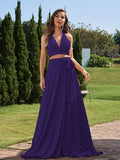 A-Line/Princess Jersey Bowknot Halter Sleeveless Sweep/Brush Train Two Piece Bridesmaid Dresses Formal Evening Dress