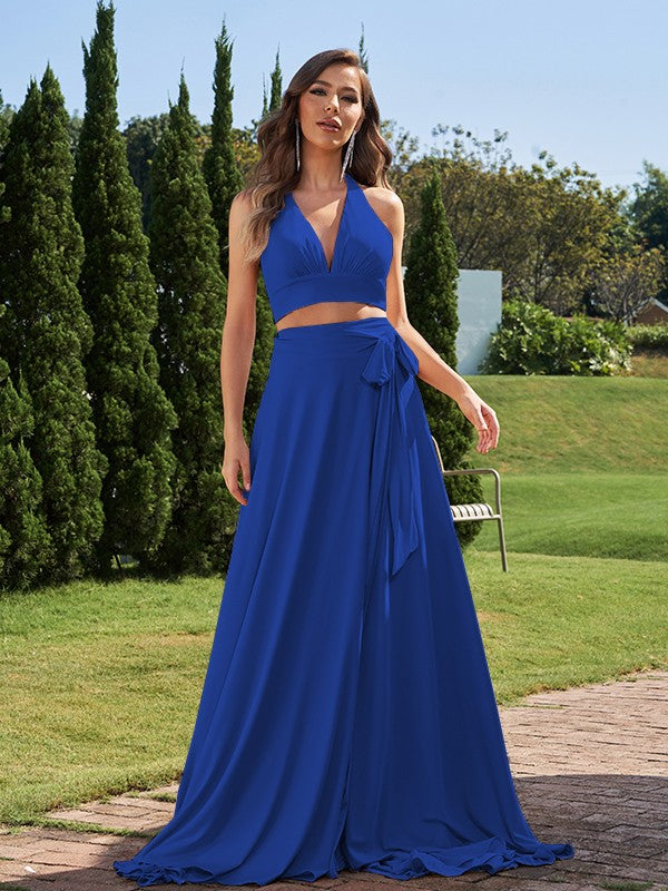 A-Line/Princess Jersey Bowknot Halter Sleeveless Sweep/Brush Train Two Piece Bridesmaid Dresses Formal Evening Dress