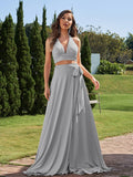 A-Line/Princess Jersey Bowknot Halter Sleeveless Sweep/Brush Train Two Piece Bridesmaid Dresses Formal Evening Dress