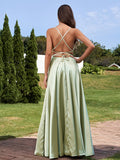 A-Line/Princess Silk Like Satin Ruffles Straps Sleeveless Floor-Length Bridesmaid Dresses Evening Prom Dress