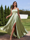 A-Line/Princess Silk Like Satin Ruffles Straps Sleeveless Floor-Length Bridesmaid Dresses Evening Prom Dress