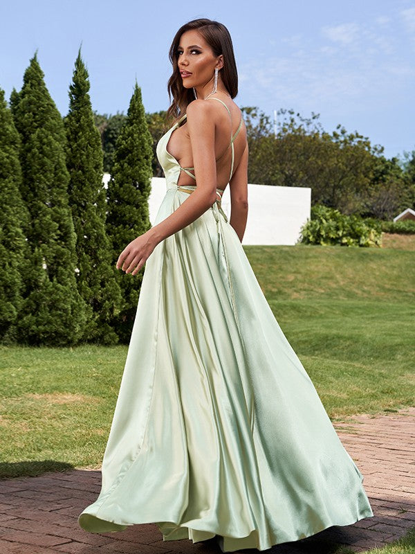 A-Line/Princess Silk Like Satin Ruffles Straps Sleeveless Floor-Length Bridesmaid Dresses Evening Prom Dress