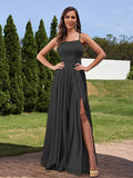 A-Line/Princess Silk Like Satin Ruffles Straps Sleeveless Floor-Length Bridesmaid Dresses Evening Prom Dress