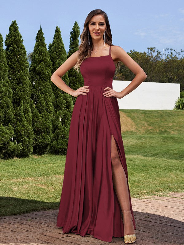 A-Line/Princess Silk Like Satin Ruffles Straps Sleeveless Floor-Length Bridesmaid Dresses Evening Prom Dress