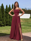 A-Line/Princess Silk Like Satin Ruffles Straps Sleeveless Floor-Length Bridesmaid Dresses Evening Prom Dress