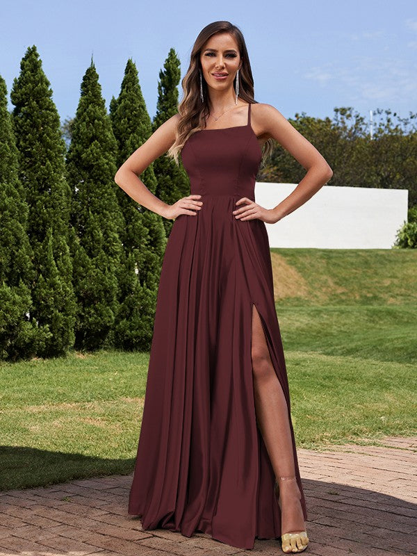 A-Line/Princess Silk Like Satin Ruffles Straps Sleeveless Floor-Length Bridesmaid Dresses Evening Prom Dress