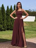 A-Line/Princess Silk Like Satin Ruffles Straps Sleeveless Floor-Length Bridesmaid Dresses Evening Prom Dress