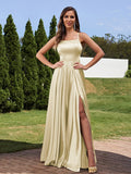 A-Line/Princess Silk Like Satin Ruffles Straps Sleeveless Floor-Length Bridesmaid Dresses Evening Prom Dress