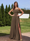 A-Line/Princess Silk Like Satin Ruffles Straps Sleeveless Floor-Length Bridesmaid Dresses Evening Prom Dress
